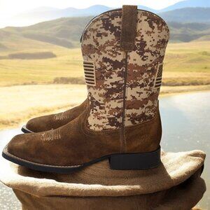 Ariat Kids Camo Western Boots 5 Square Toe Leather Cowboy US Flag Patriotic Chic